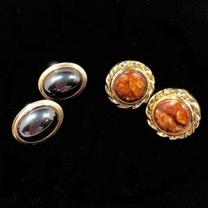 EARRINGS - 2 Pairs: Oval Black with Gold-tone and Round Brown with Gold-tone.